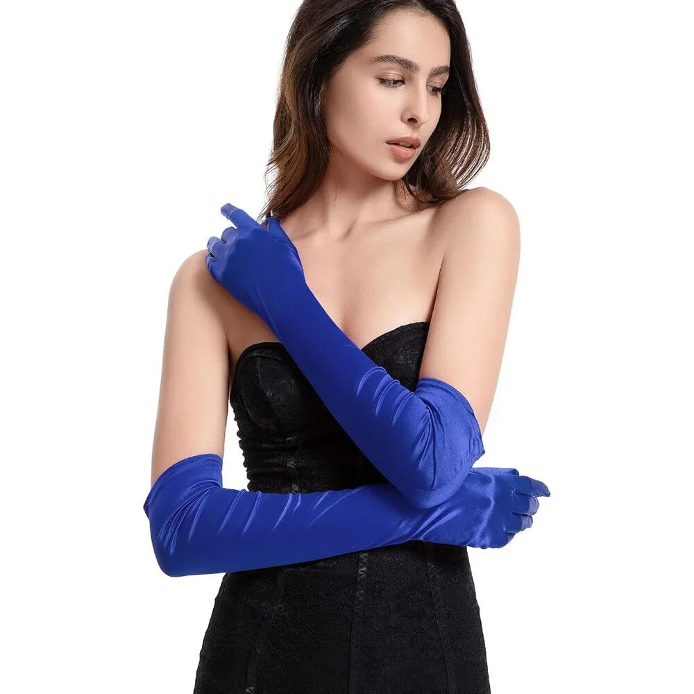 Women's Evening Royal Blue Satin Gloves Elbow Length Formal Party Prom Wear